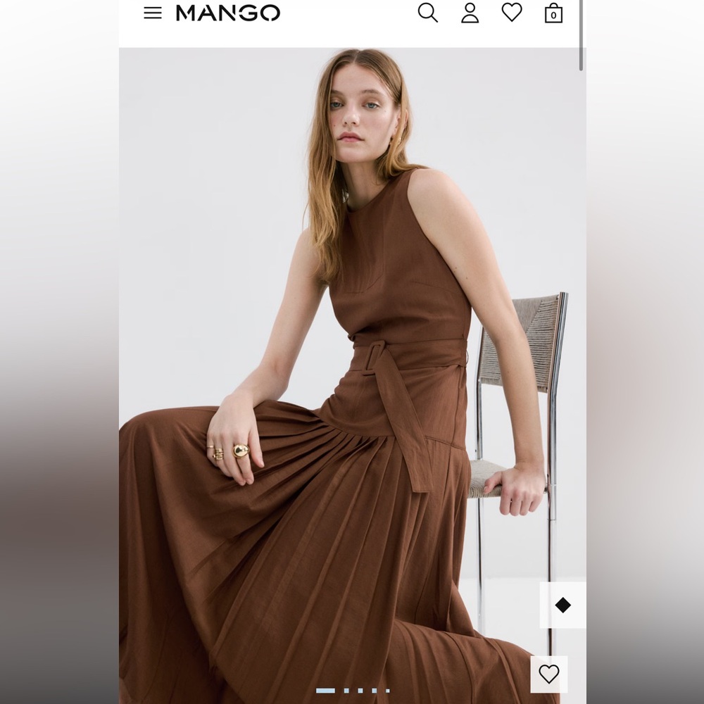 NWT Mango Sleeveless Brown Pleated A lineMaxi Dress with Waist Tie - Size 4